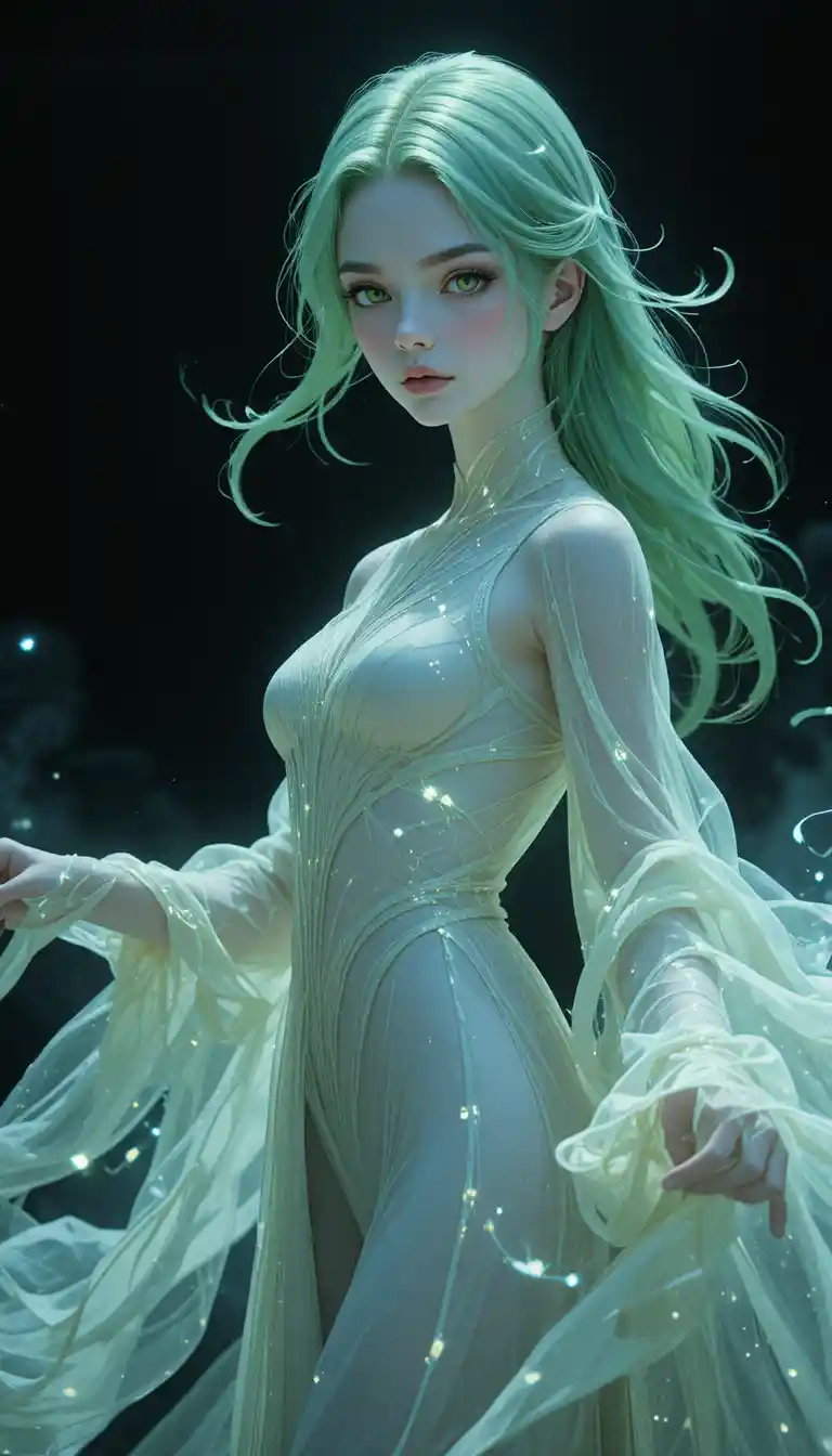 Ethereal anime spirit girl in flowing pale robes
