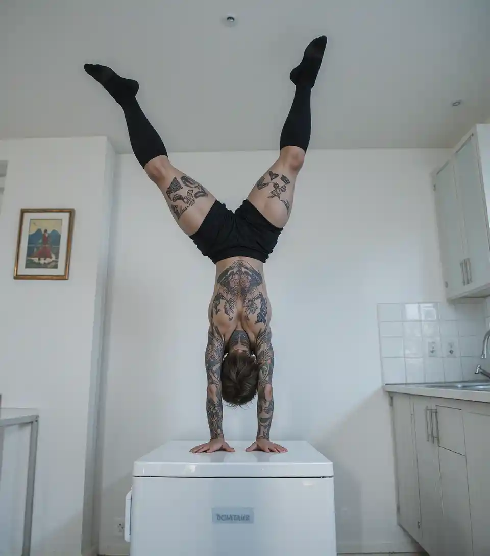 Athletic man doing a handstand on a white kitchen fridge
