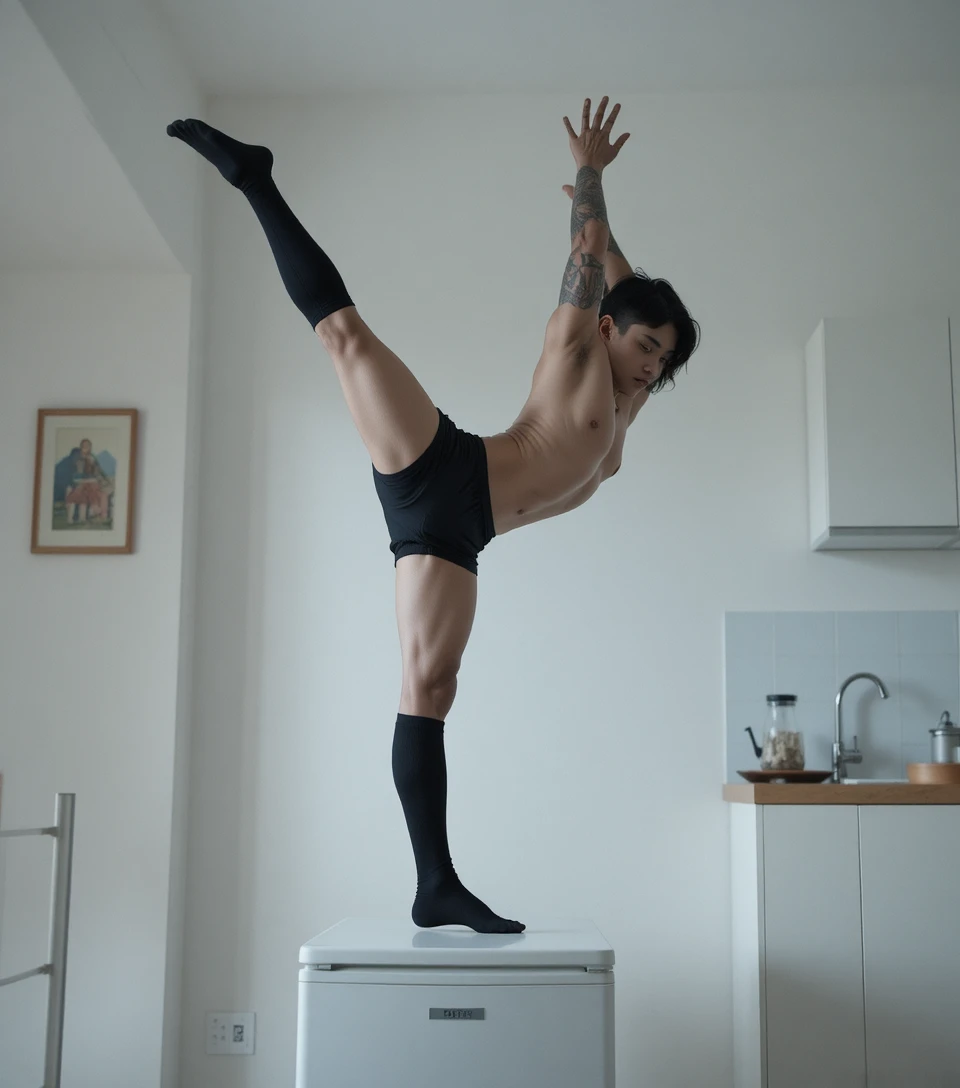 Athletic man handstanding on a low white fridge in kitchen
