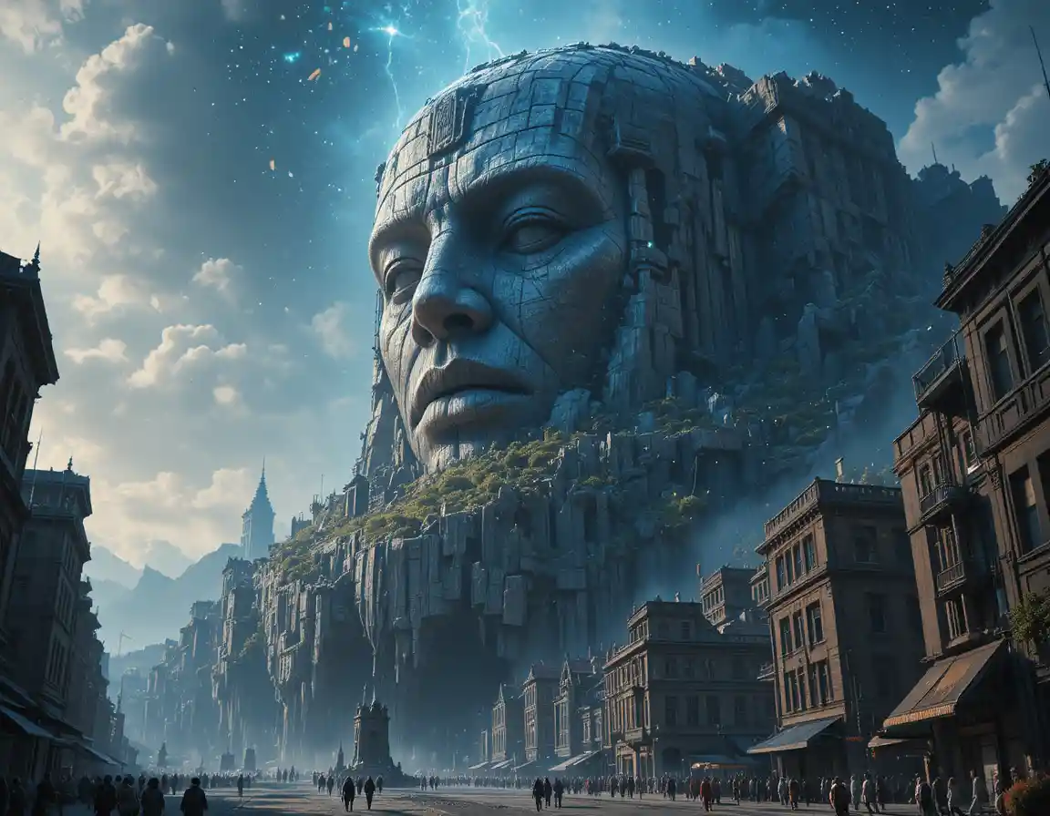 Modern city streets above a buried stone giant face