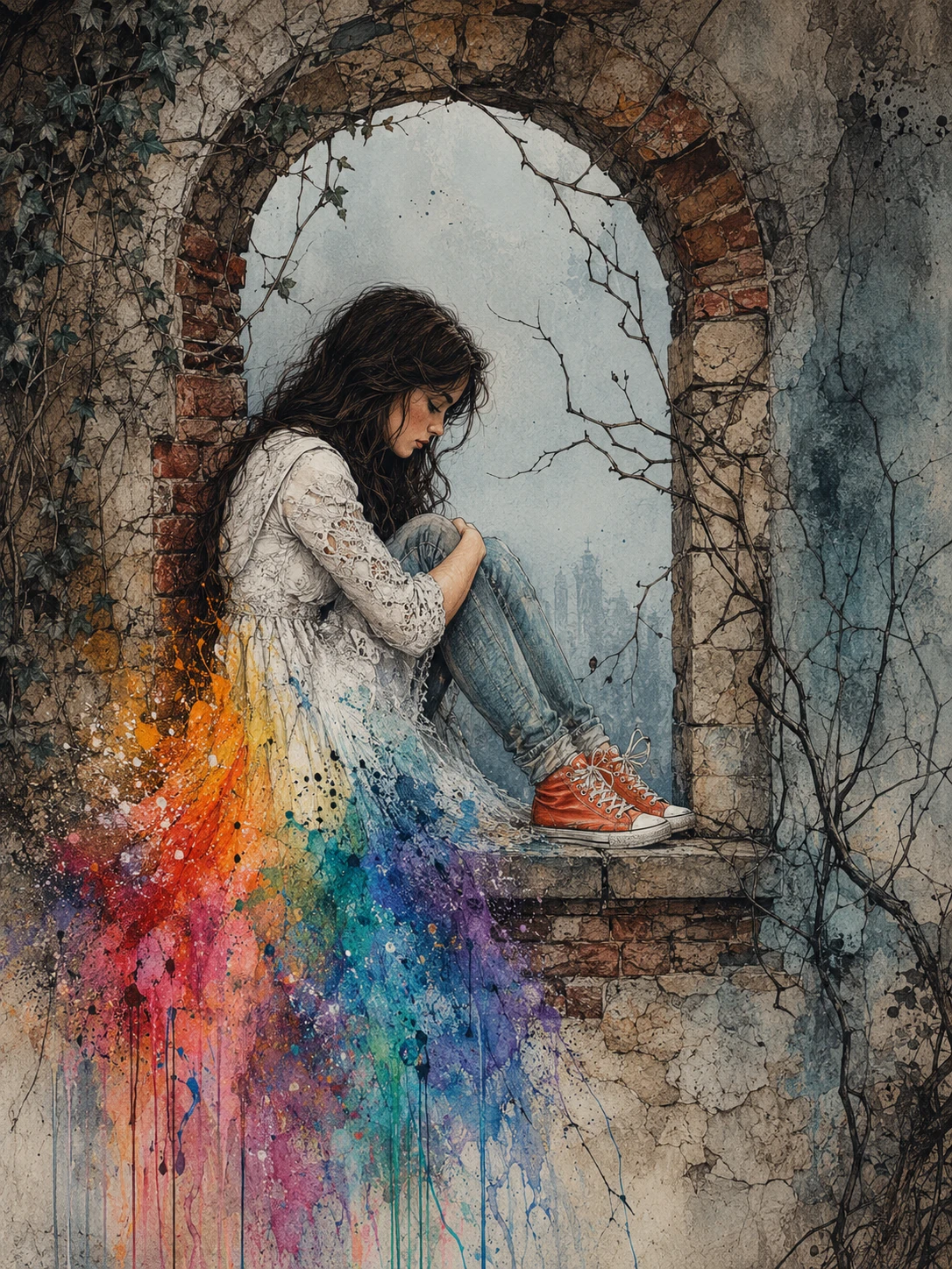 Young woman in a ruined window with dissolving rainbow dress
