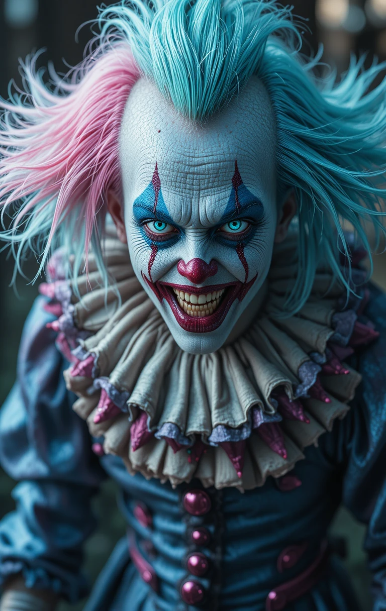 Sinister clown with pastel hair and emerald blue eyes