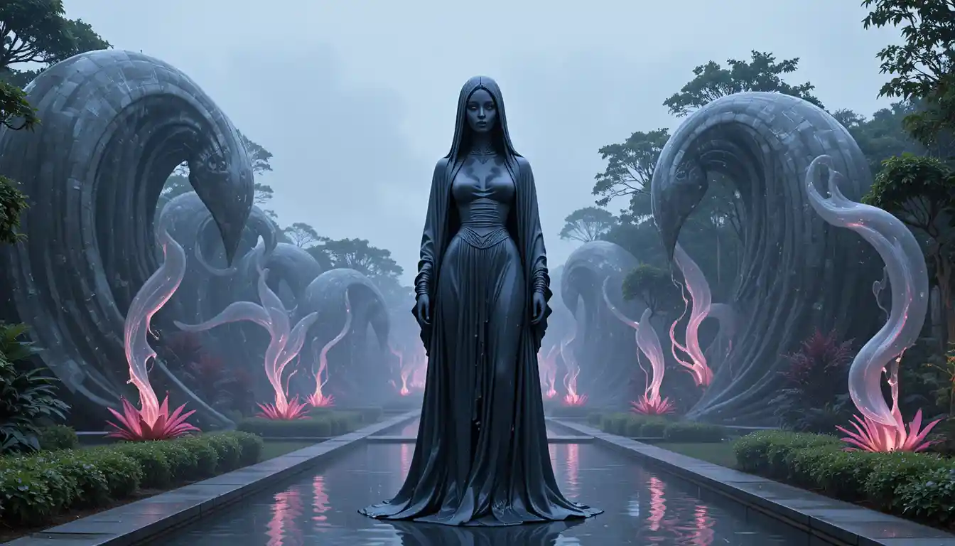 Mystical latex statue in an alien fantasy garden