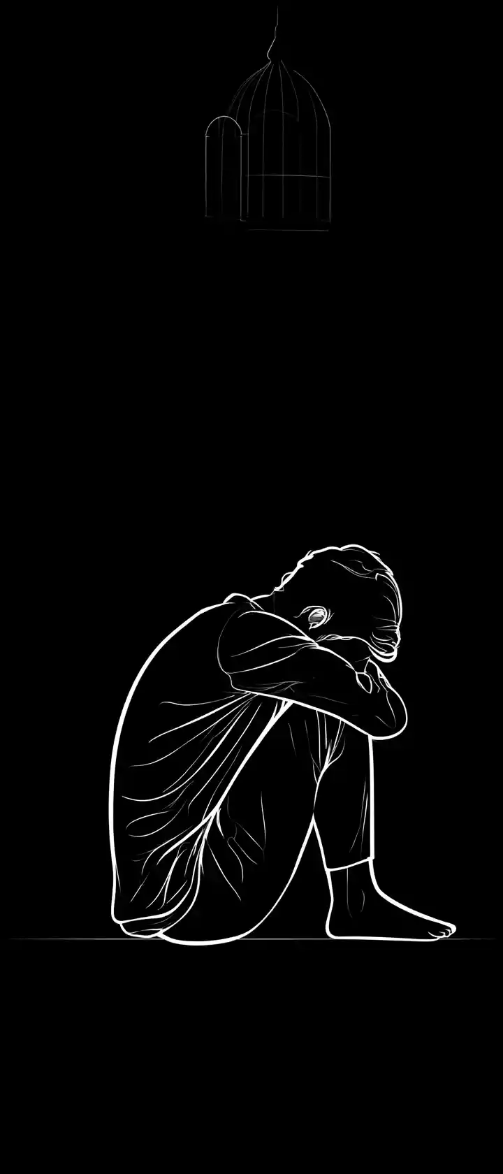 Lonely Figure Curled On Dark Ground With Floating Birdcage