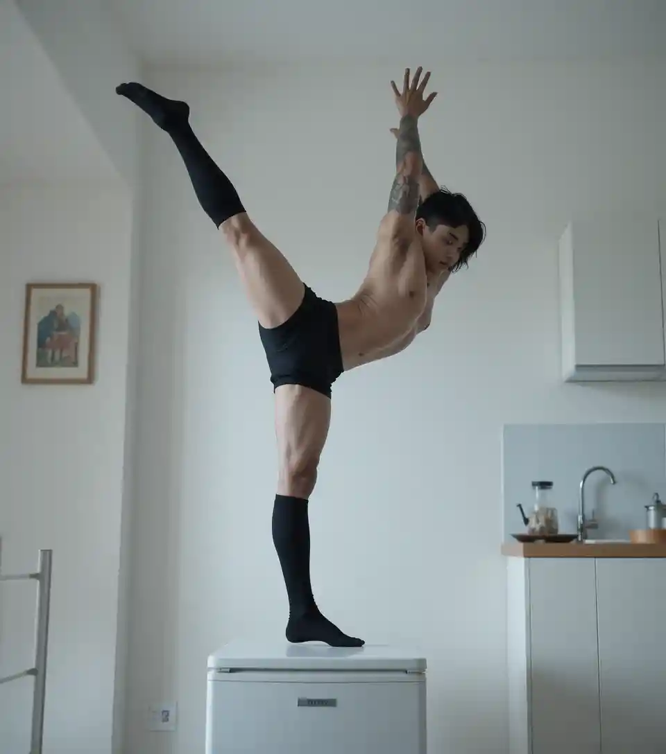 Athletic man handstanding on a low white fridge in kitchen