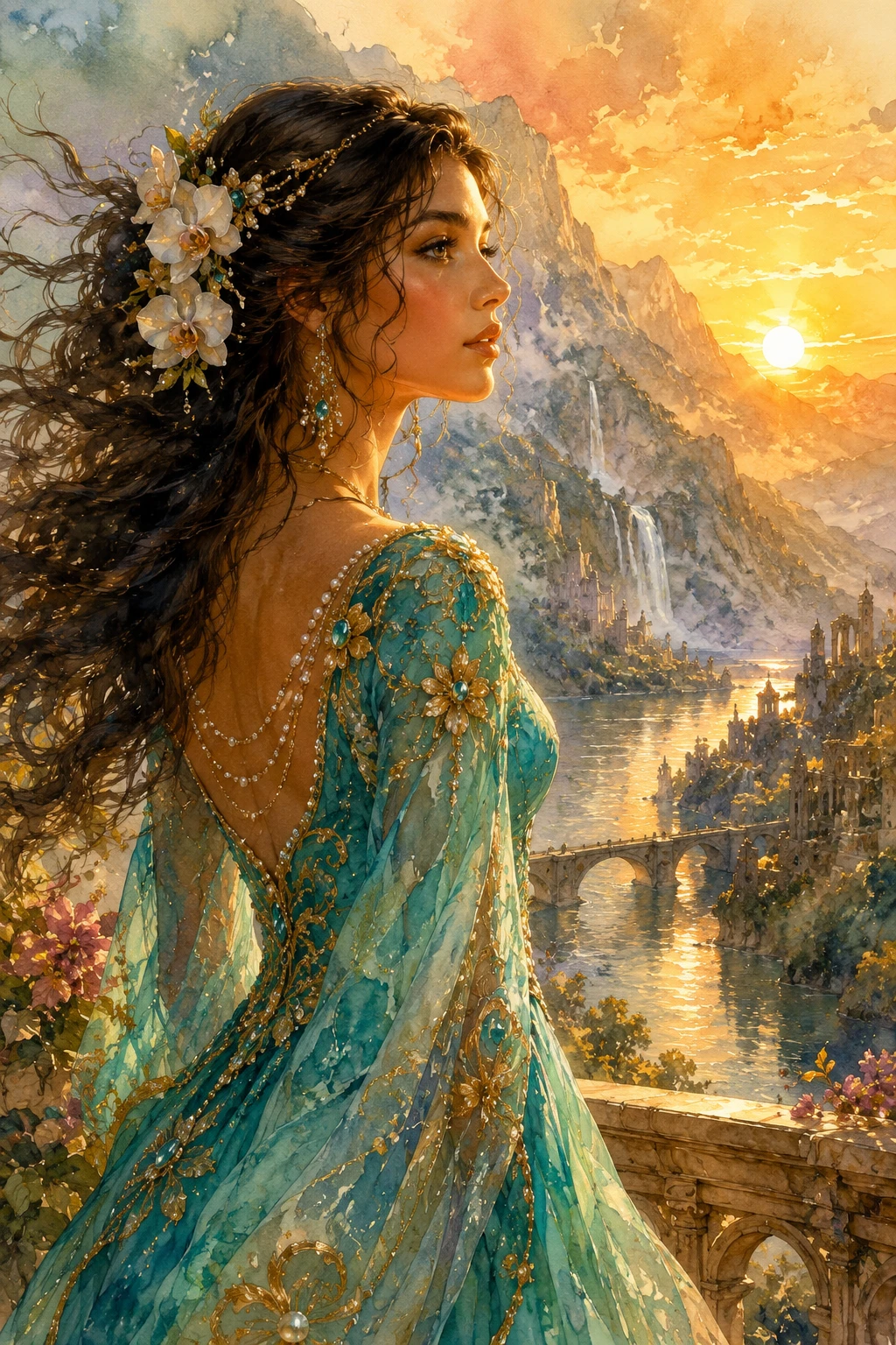 Watercolor portrait of a serene woman in a turquoise dress