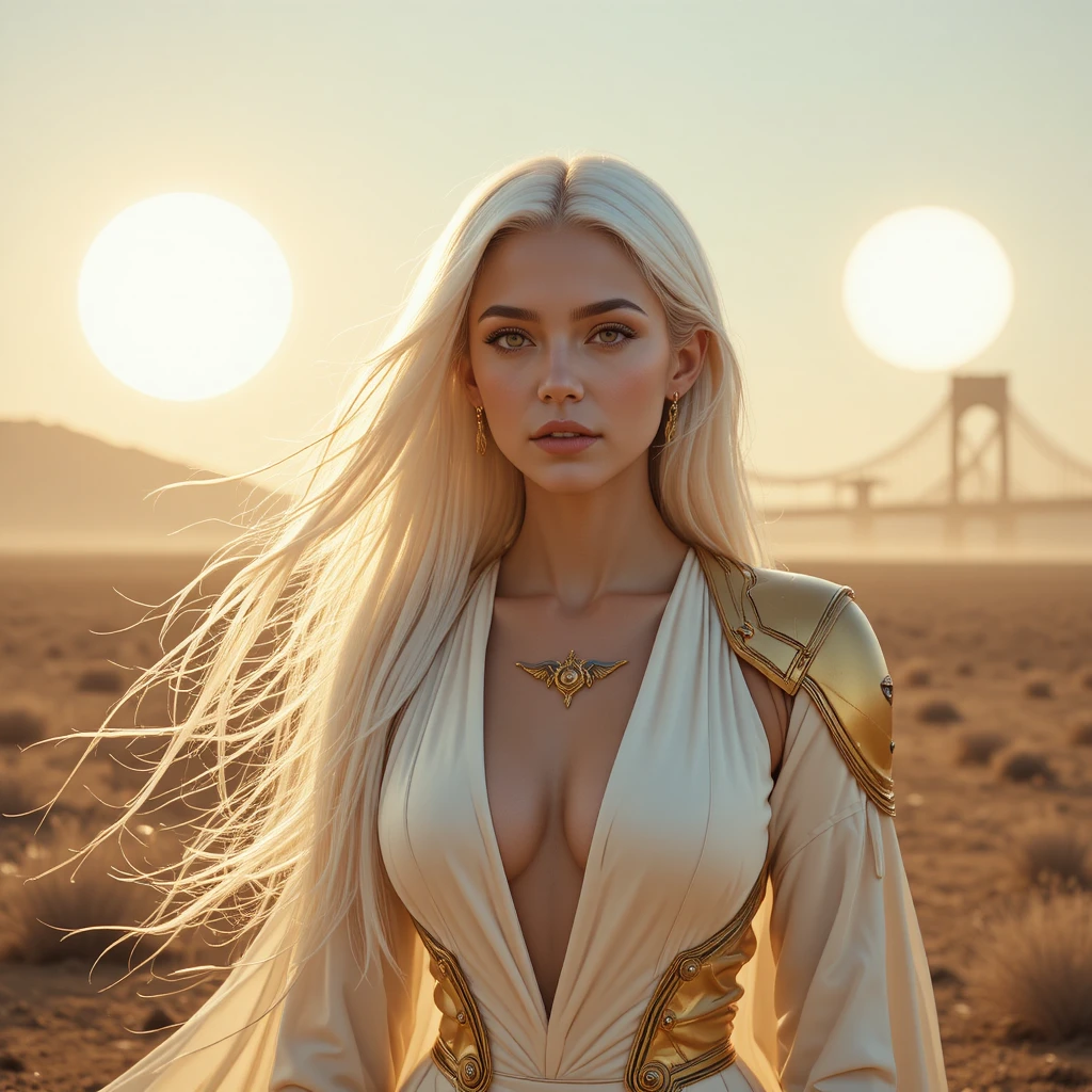Elegant space heroine on windswept plains under twin suns