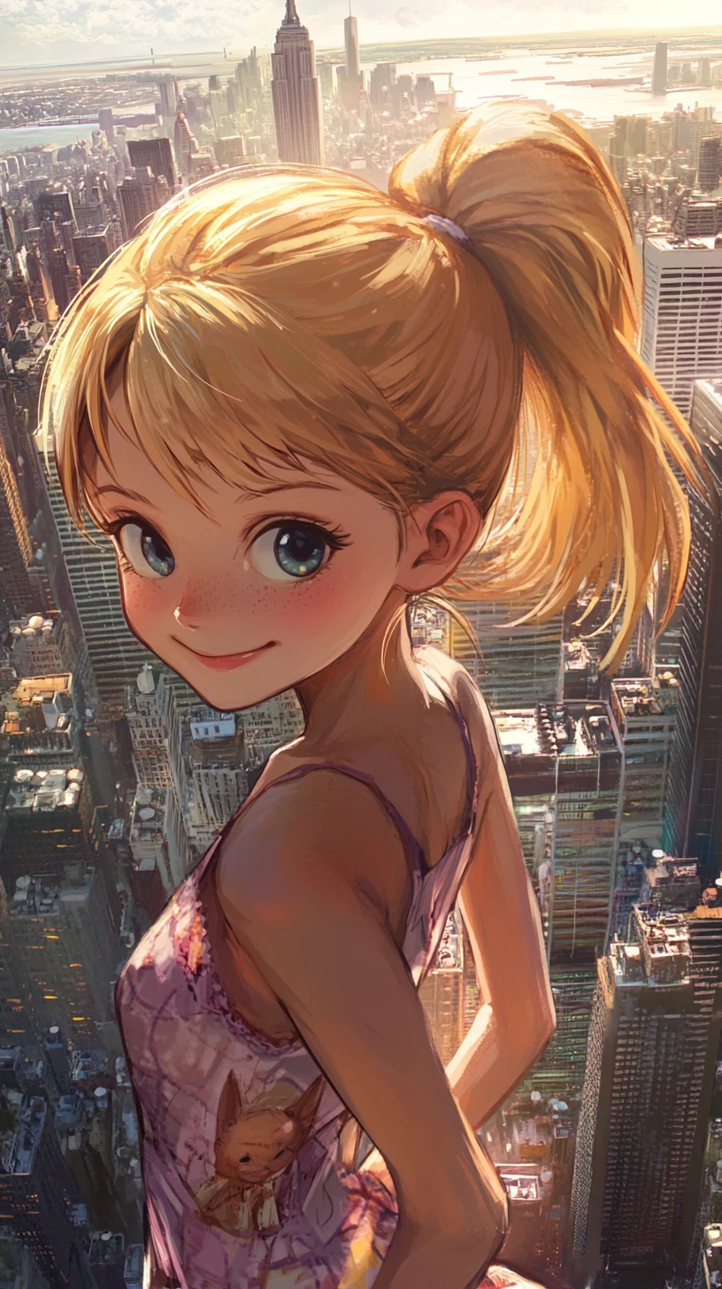 Smiling anime girl in a summer dress with city skyline