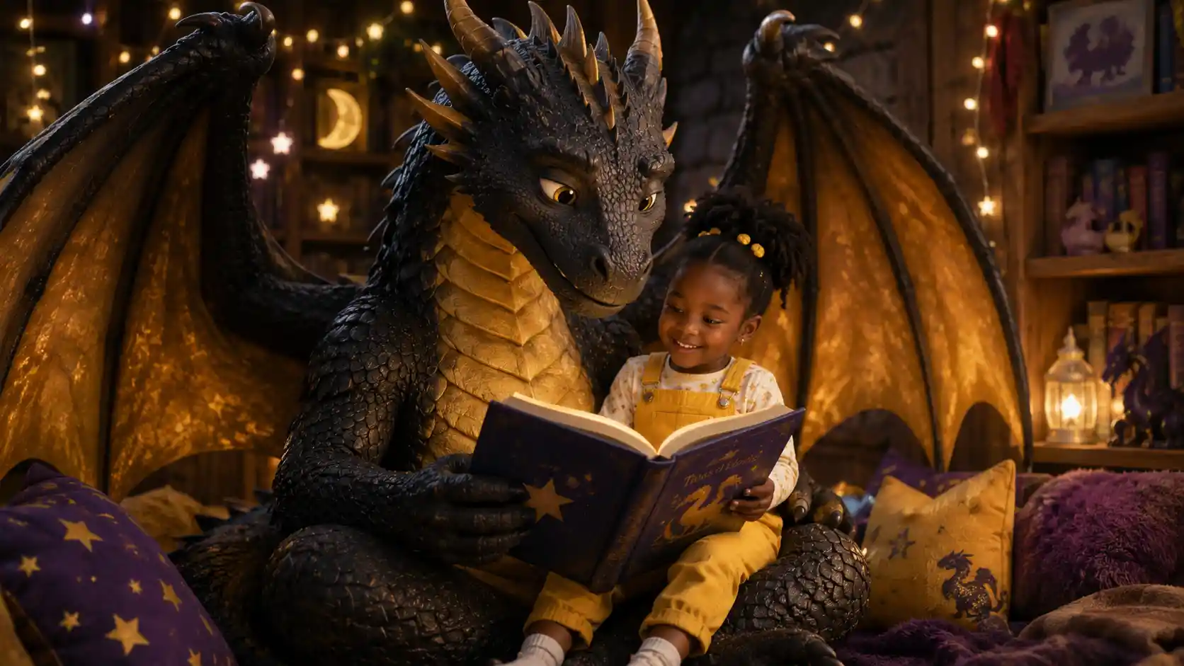 Little girl listening to a dragon reading a storybook