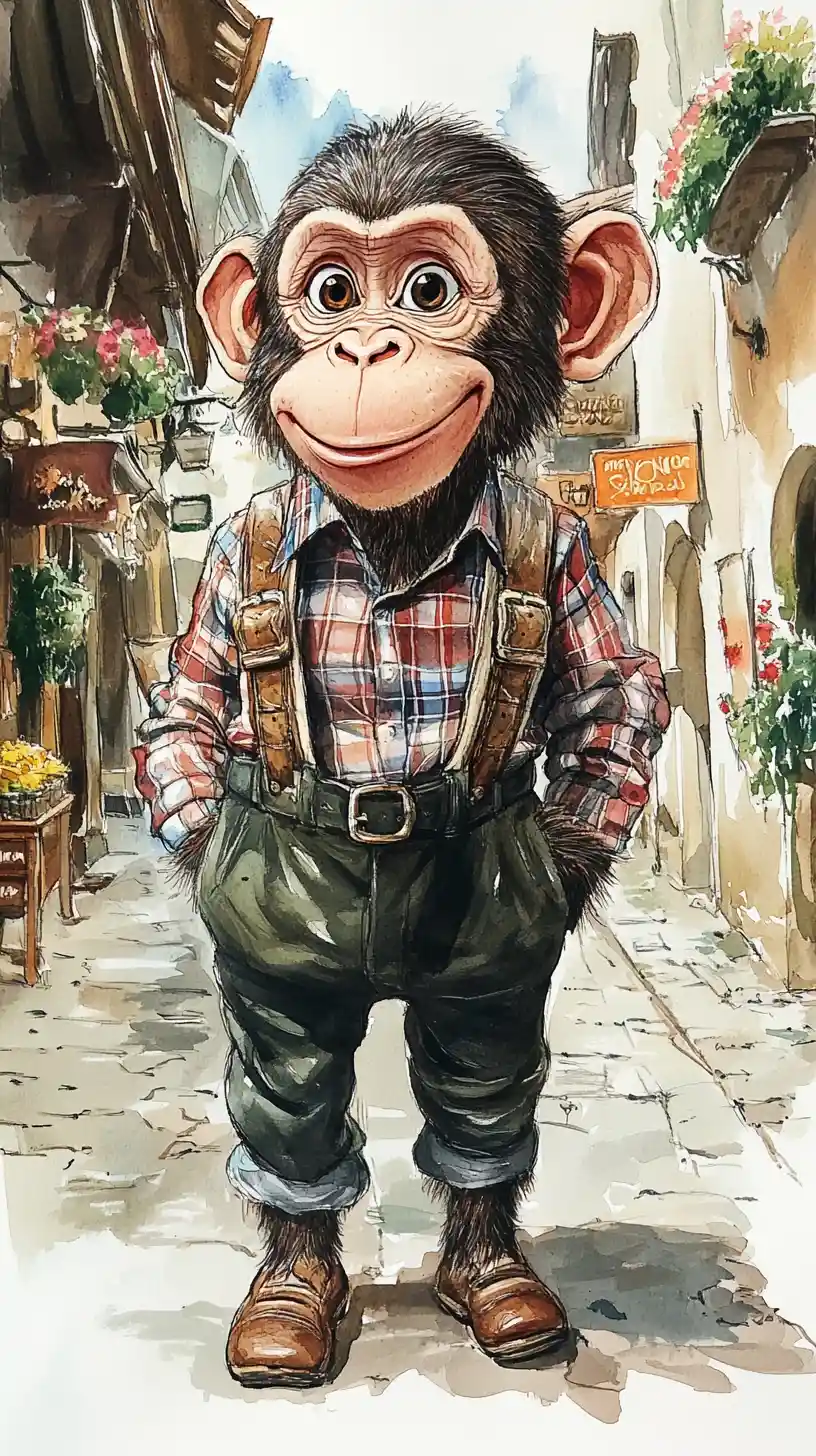 Cheerful Monkey In Lederhosen Posing In A Bavarian Street