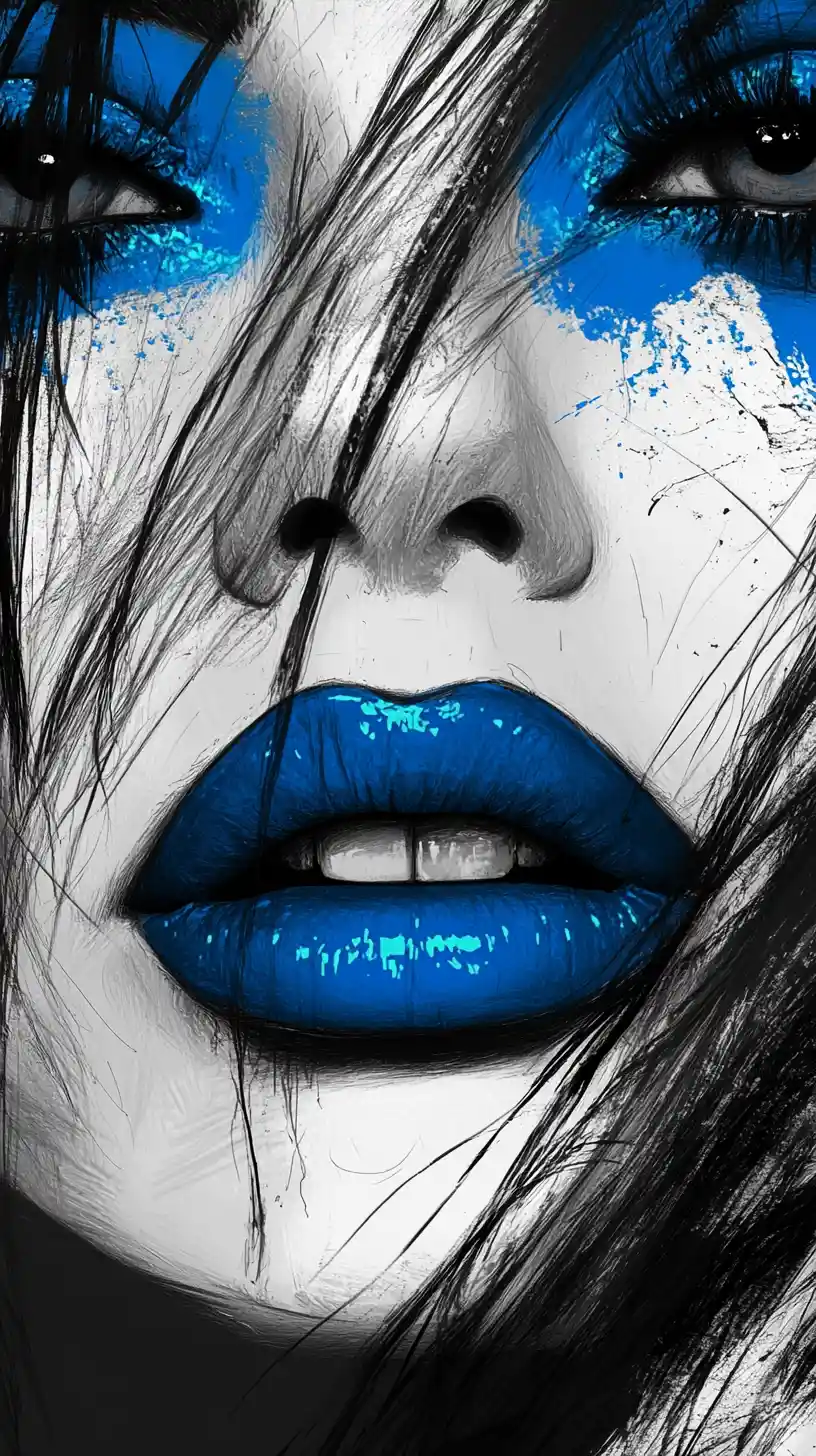 Close up sketch of woman with electric blue makeup