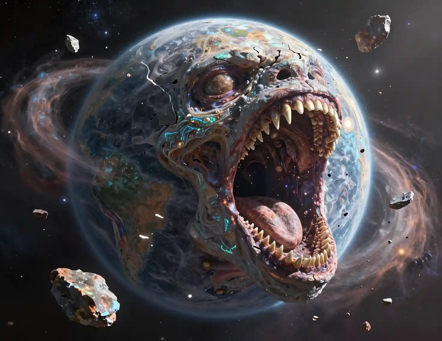 Colossal Cosmic Monster Devouring A Shattered Planet In Space