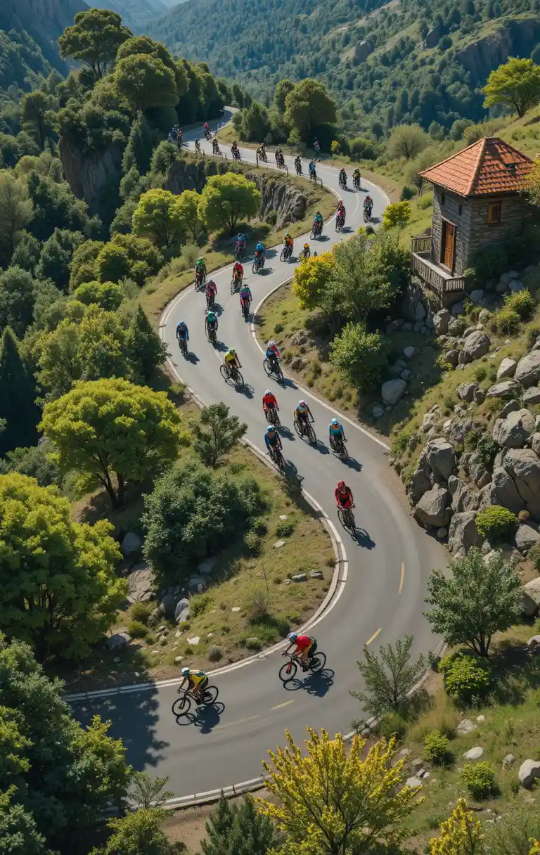 Ciclistas Compitiendo en las Curvas de una Carretera de Montaña