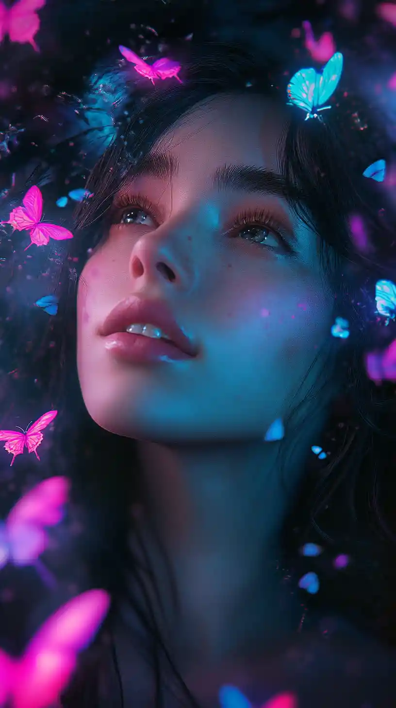 Dreamy girl surrounded by glowing neon butterflies