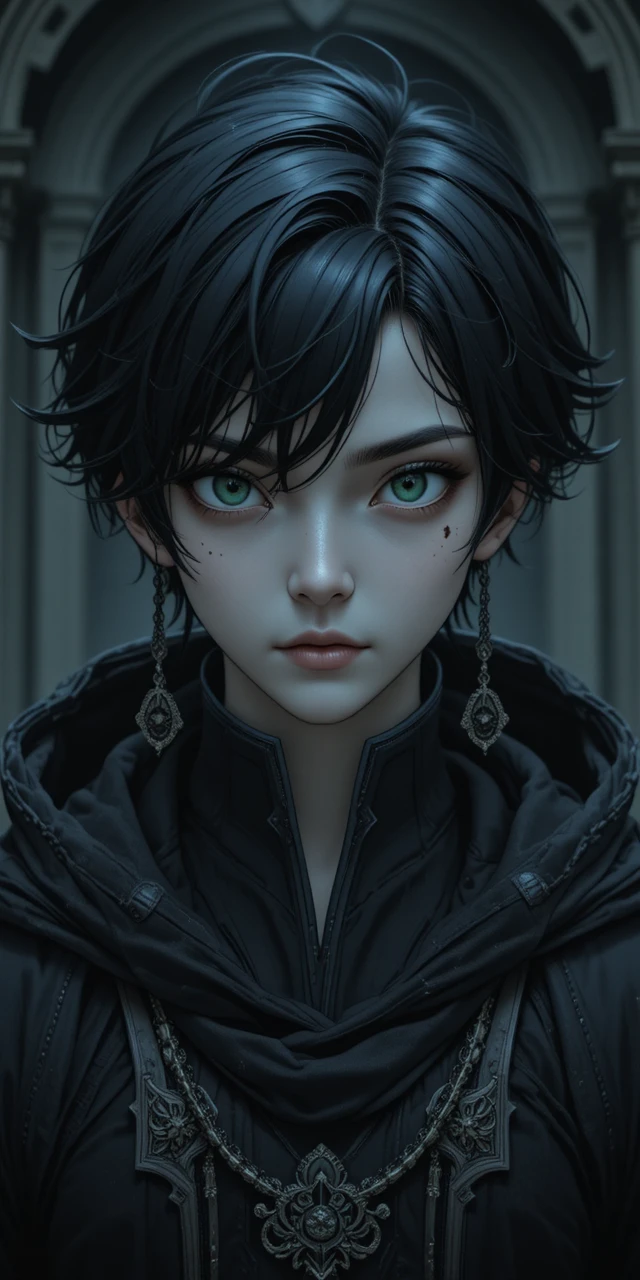 Shadowy anime boy with pale skin and dark hood