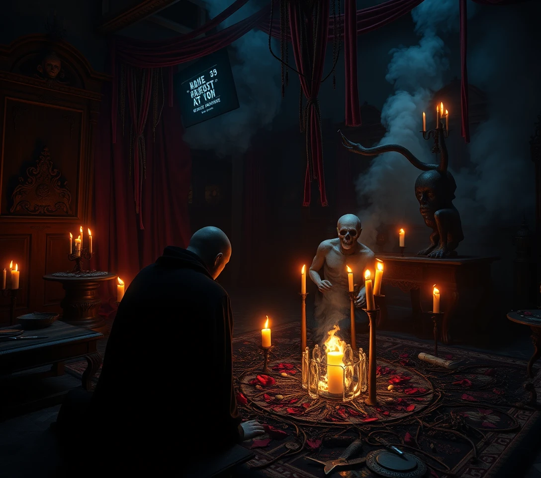 Mysterious woman at a surreal occult ritual altar