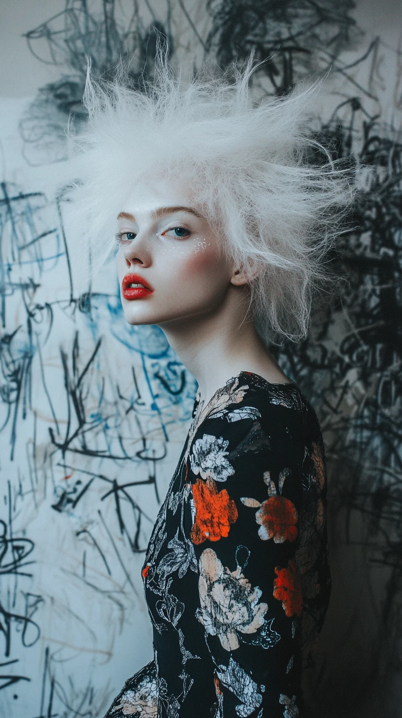 Albino woman in floral paper dress with surreal punk styling