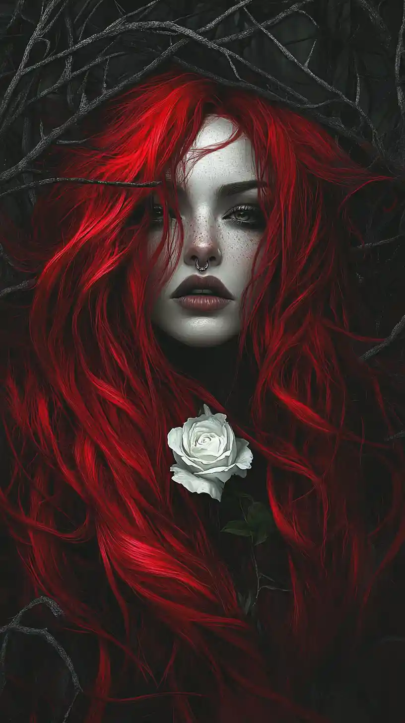 Gothic portrait of a red haired woman with white rose