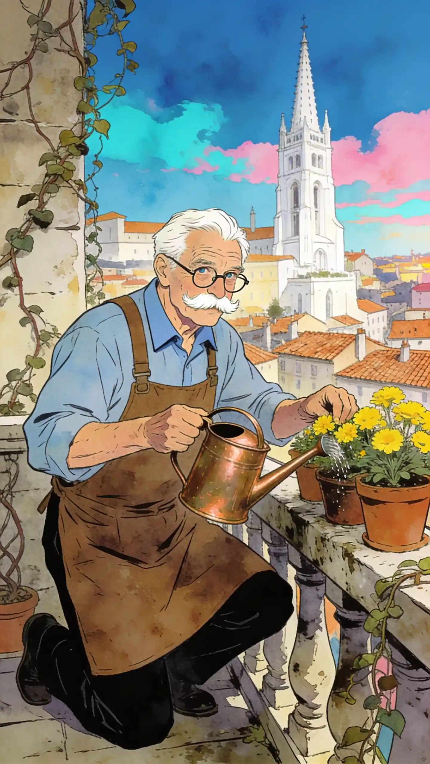 Elderly gardener watering flowers on a stone balcony
