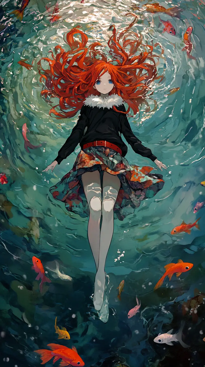 Anime girl with red hair floating on rippling water