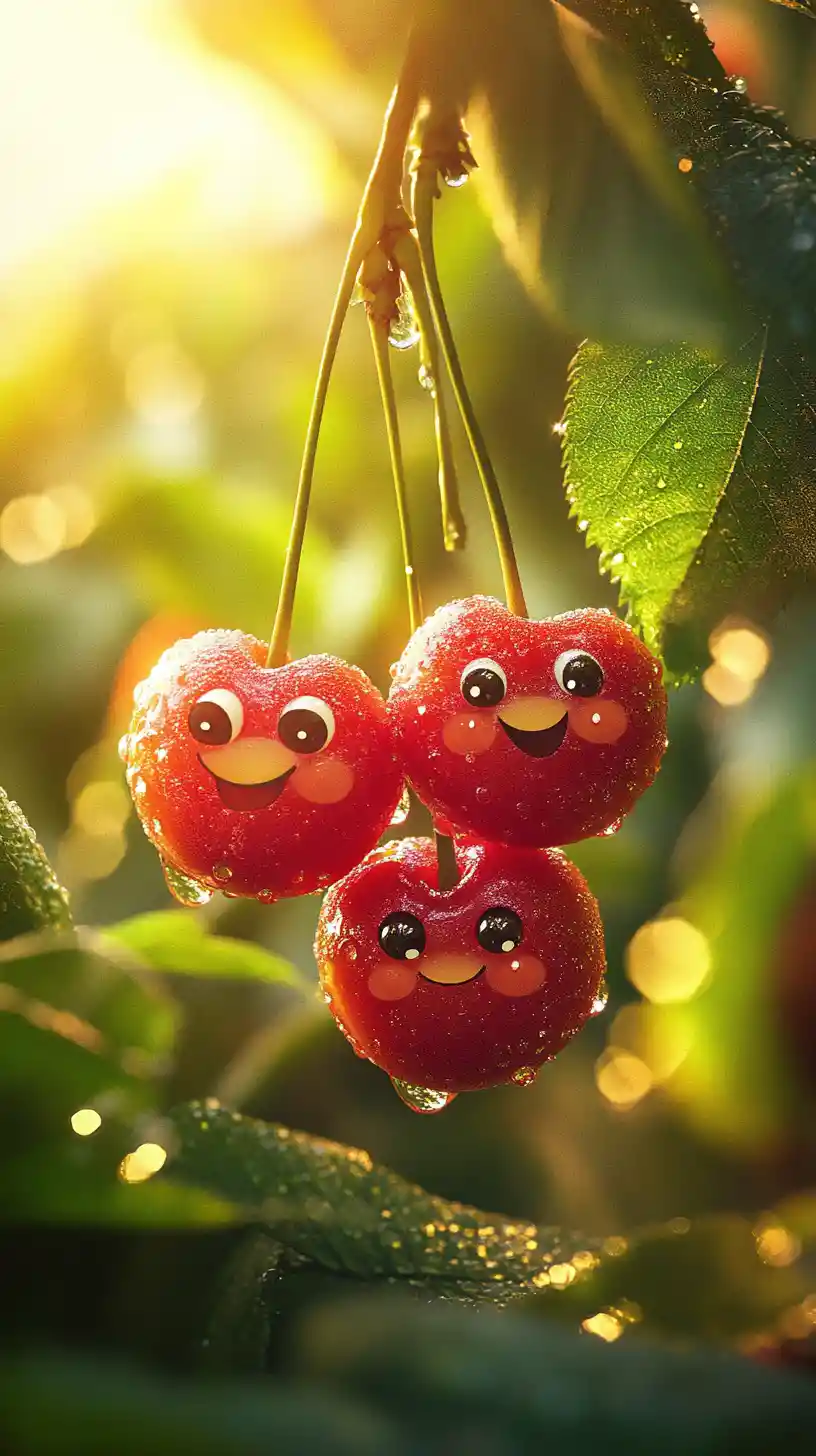 Happy cartoon cherries sparkling in warm morning light