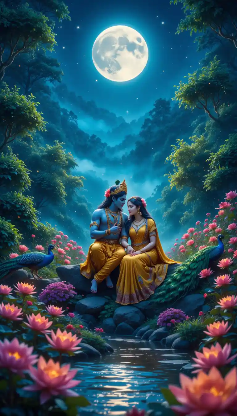Divine Radha Krishna couple in a moonlit forest garden