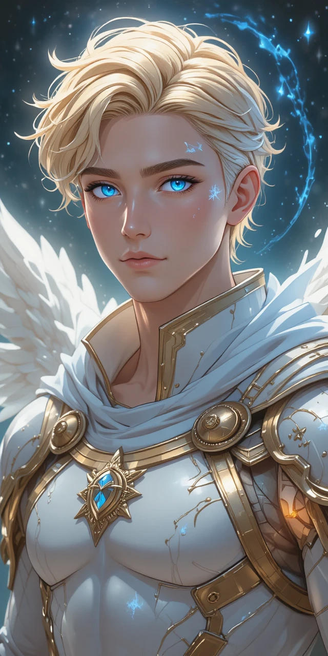 Angel winged warrior in white and gold celestial armor