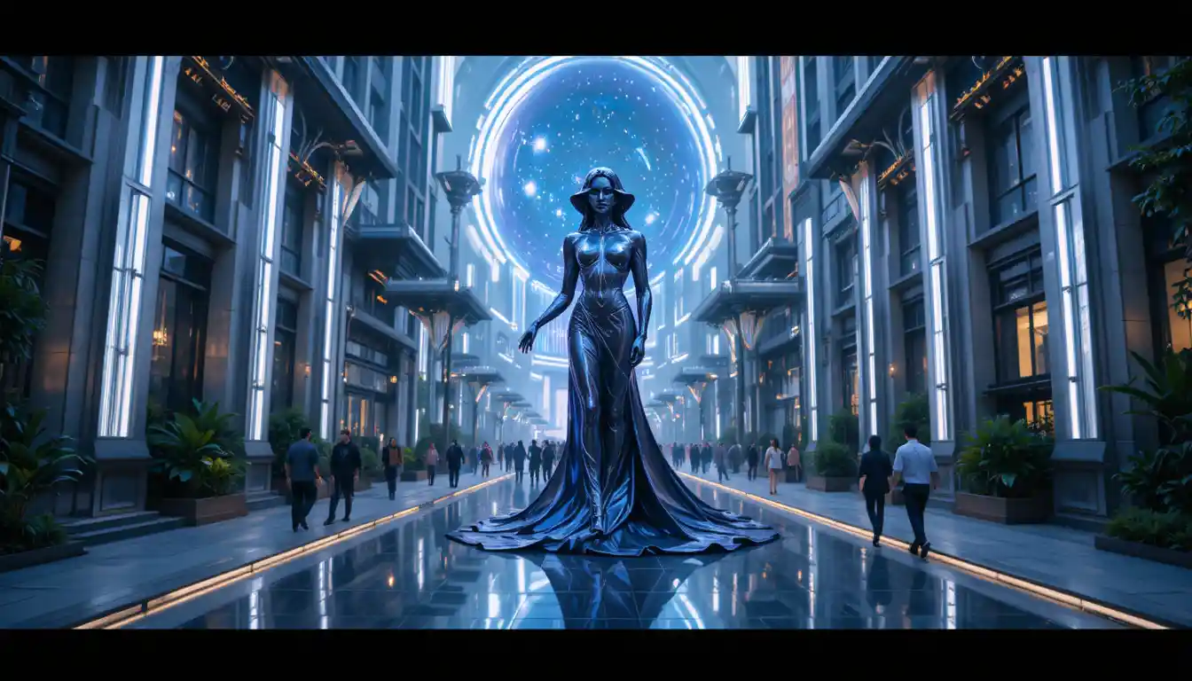 Latex traveler monument in a futuristic urban plaza