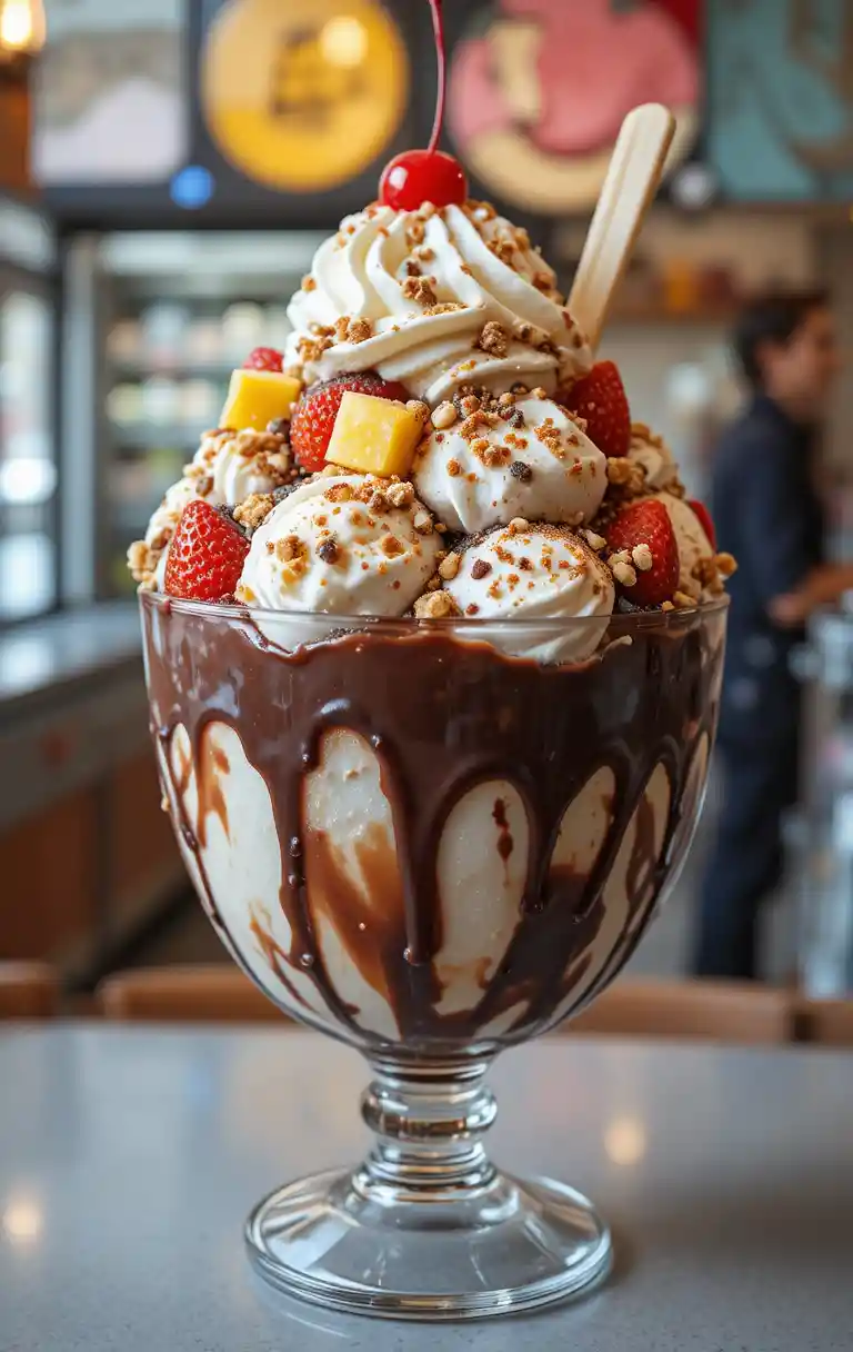 Giant hot fudge sundae in a glass goblet with toppings