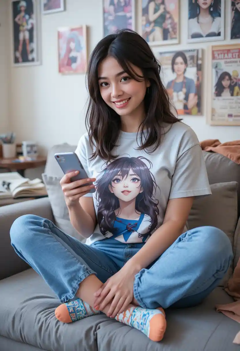 Young woman on cozy couch browsing her phone