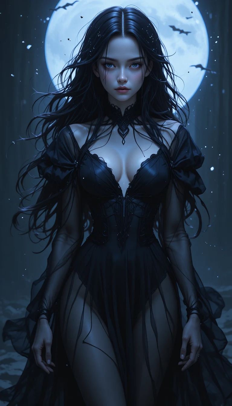 Ätherisches Anime-Geistermädchen mit fließendem dunklem Kleid
