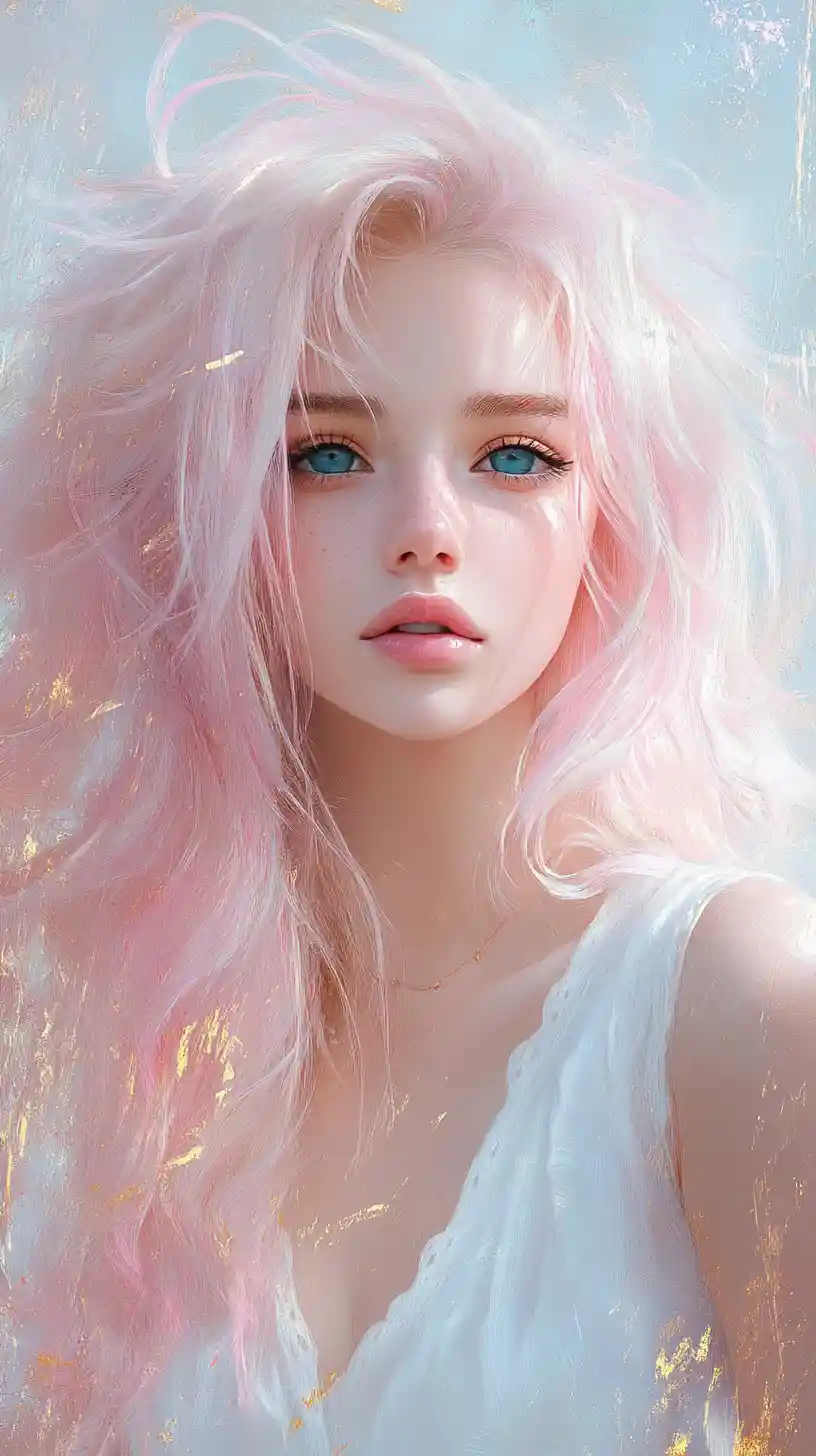 Pink haired anime girl portrait with dreamy pastel background