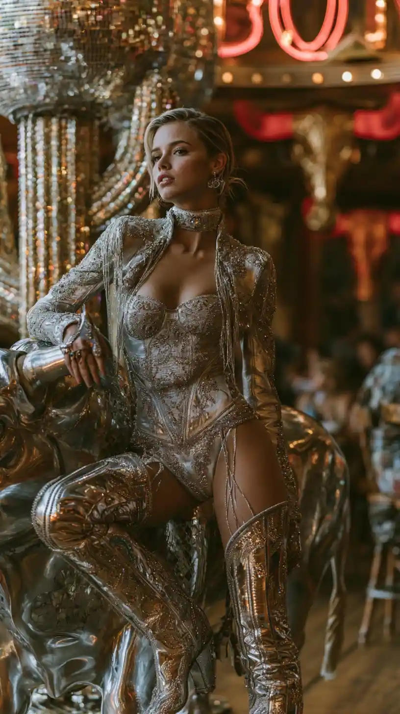 Cowgirl queen posing by mechanical bull in neon saloon