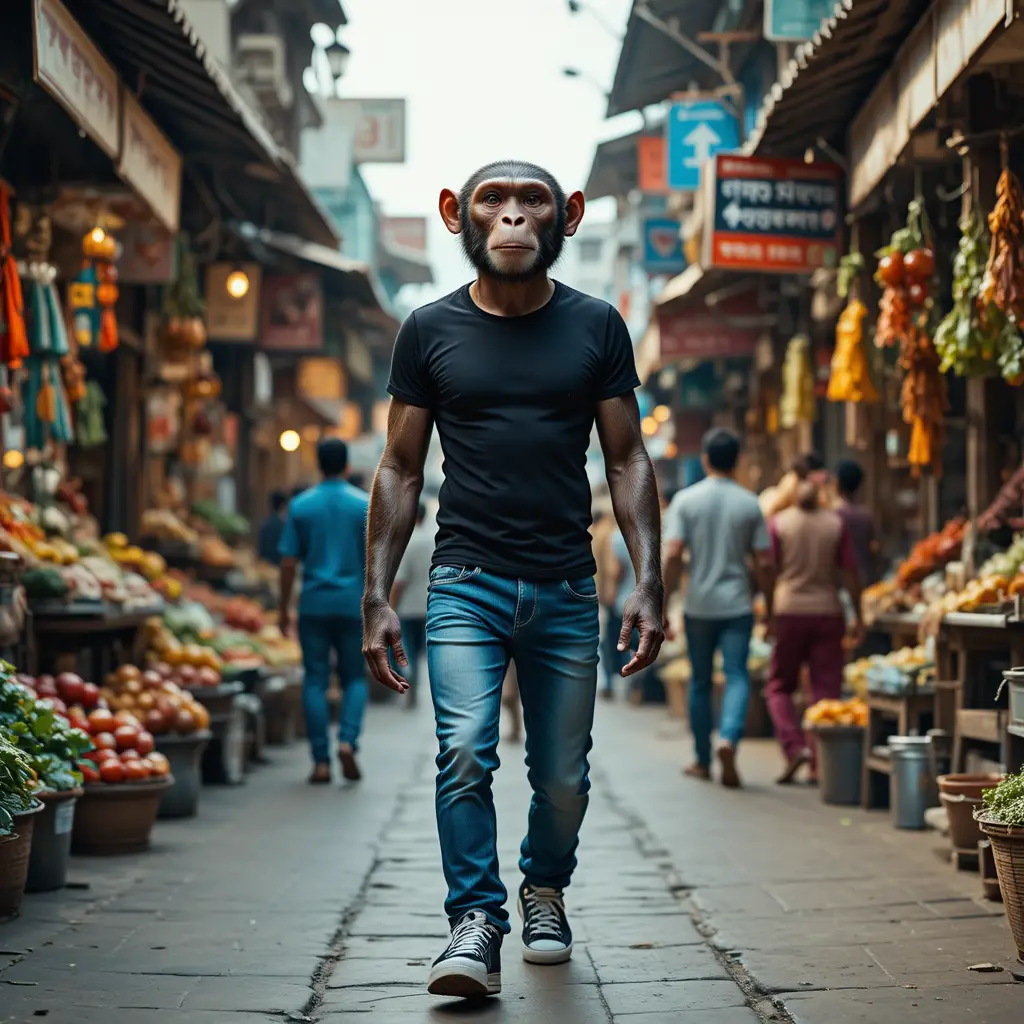 Singe anthropomorphe traversant un marché de rue indien animé