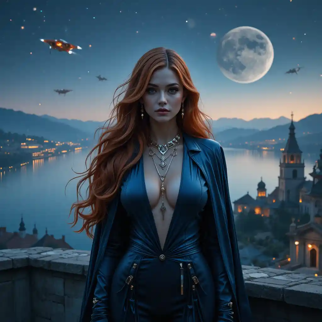 Mysterious sci fi woman in blue cloak by the lakeside