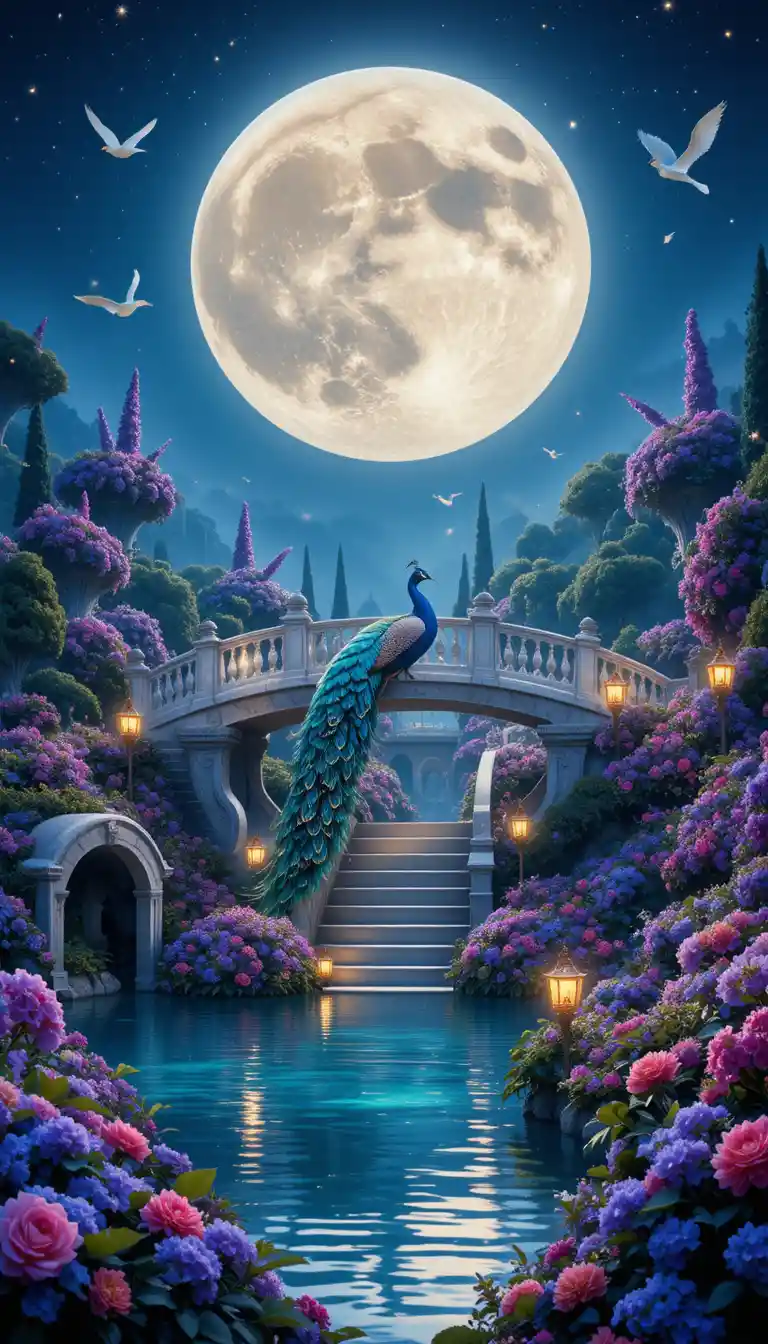 Majestic peacock on a moonlit bridge in enchanted garden