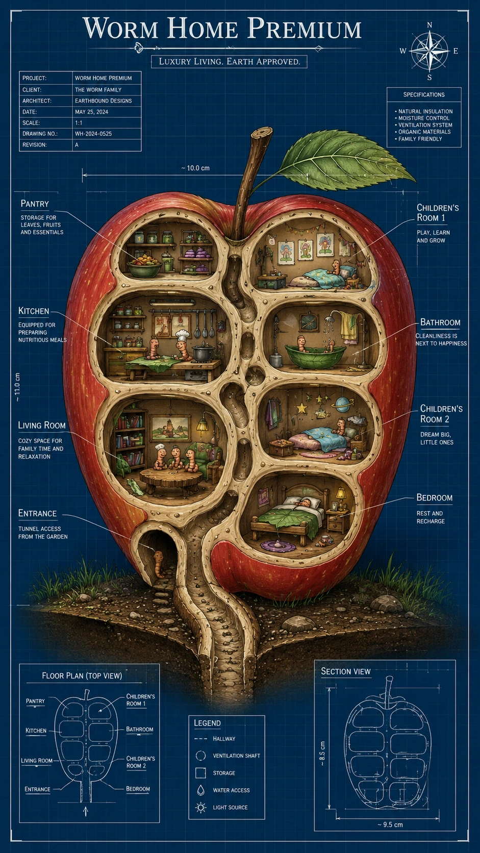 Architectural blueprint of a worm family home inside an apple