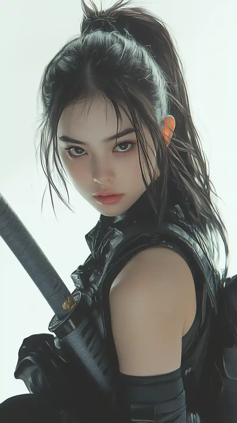 Calm female samurai crouching in minimalist studio scene