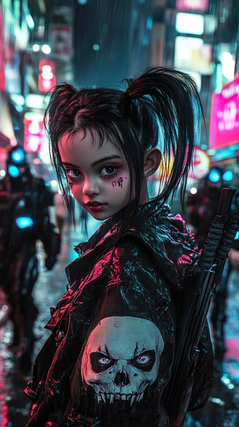 Punk anime girl with katana in neon cyberpunk street