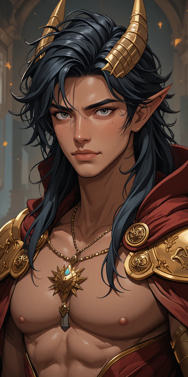 Muscular anime demigod with golden eyes and draconic horns