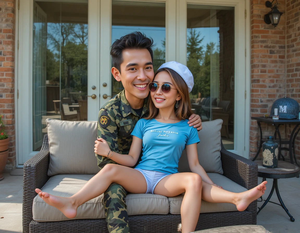 Man in camouflage leaning over woman on outdoor sofa