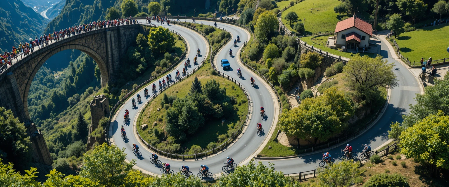 Cyclists Climb A Winding Mountain Road From Above