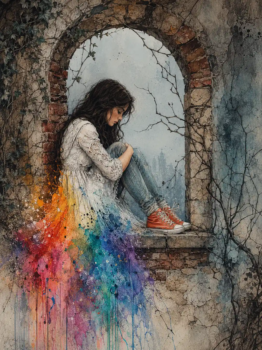 Young woman in a ruined window with dissolving rainbow dress