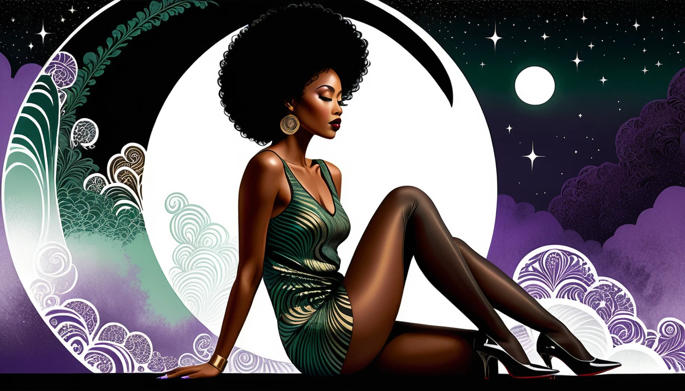 Afro haired woman kneeling in surreal lunar illustration