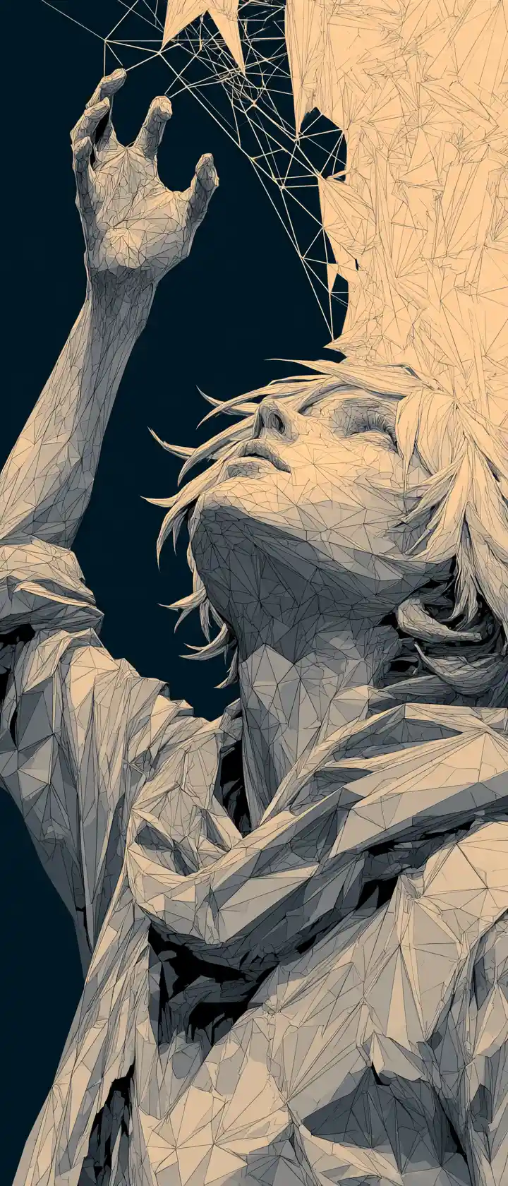 Anime girl reaching for shattered metallic bird sculpture