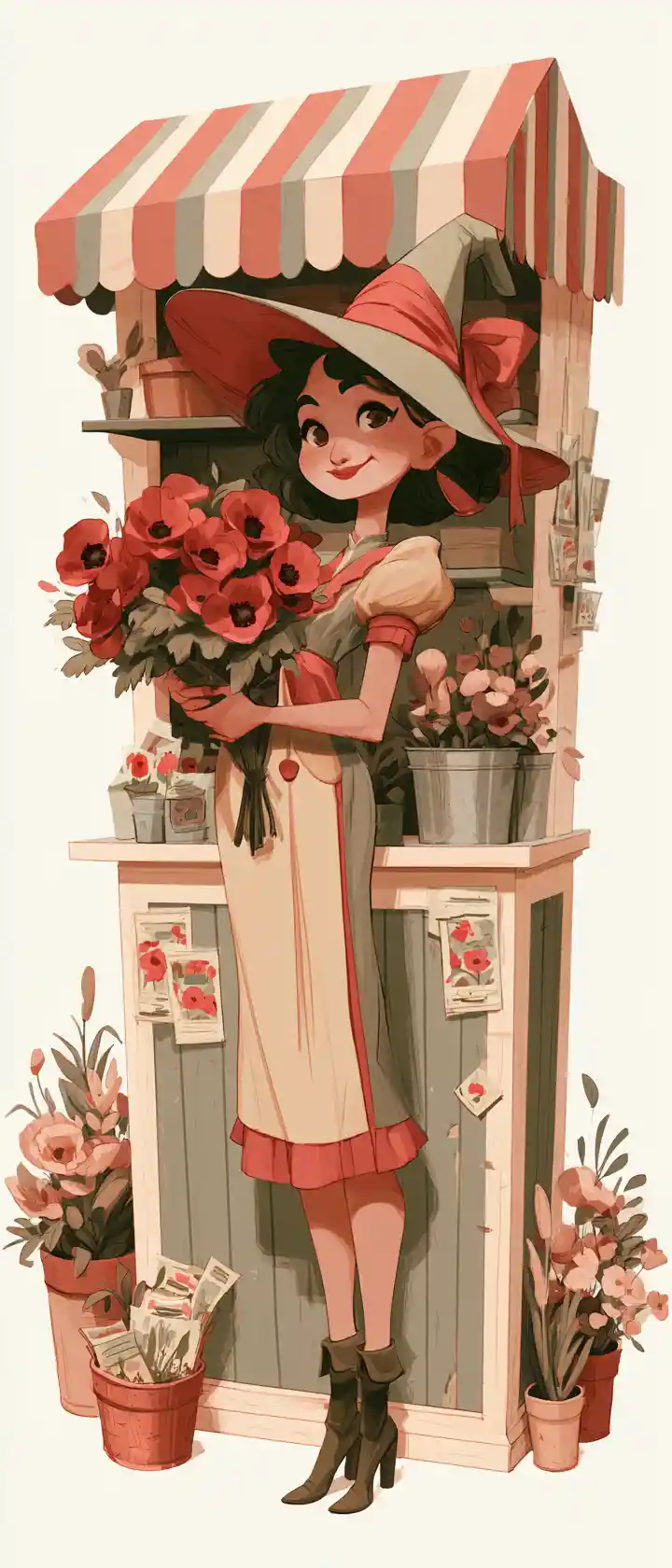 Floral witch arranging poppy bouquets in a tiny garden shop
