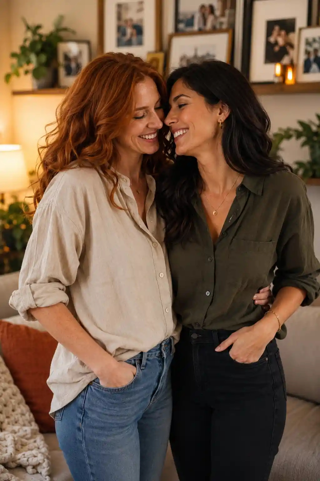 Loving lesbian couple smiling together at home
