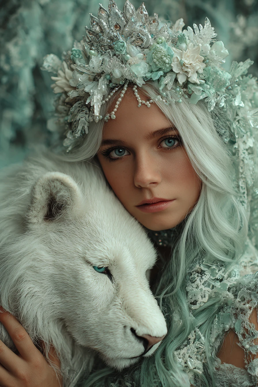 Retrato de princesa de fantasía con león blanco y cristales