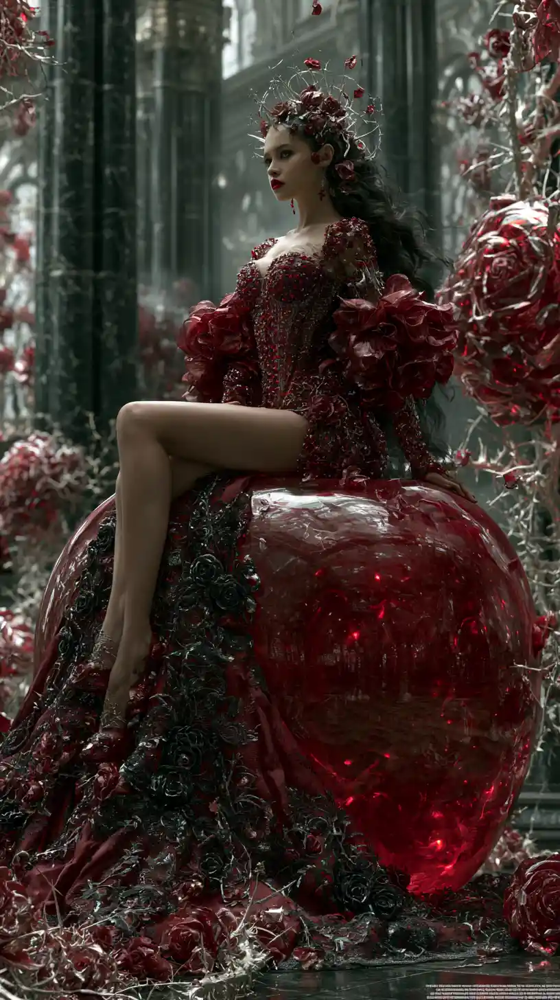 Dark fantasy queen on glowing crystal apple throne