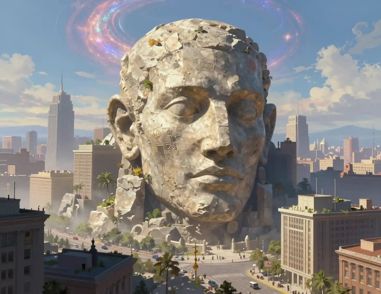 Modern city streets atop a buried stone giant face